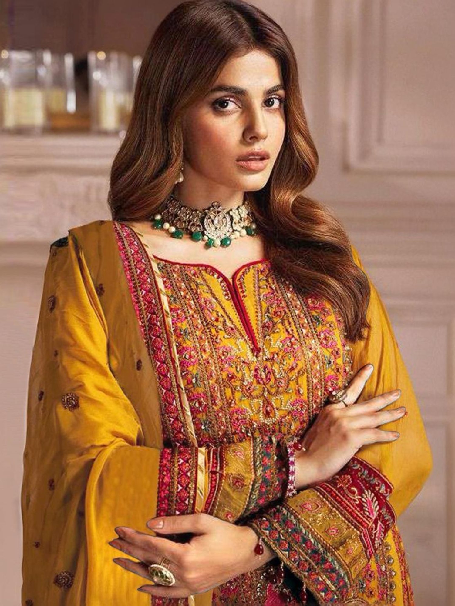 Odette Yellow Embroidered Unstitched Dress Material