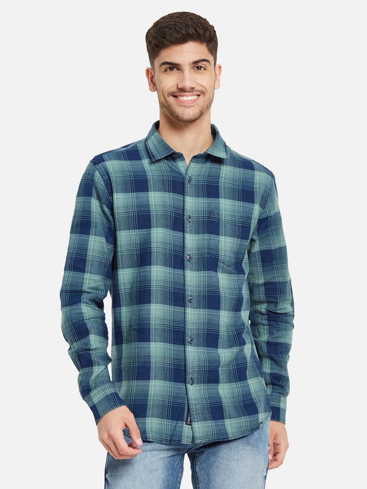 METTLE Light Olive & Blue Cotton Regular Fit Checks Shirt