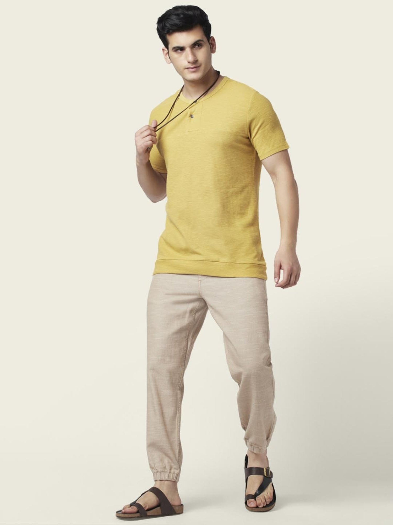 7 Alt by Pantaloons Mustard Yellow Cotton Slim Fit Self Pattern T-Shirt