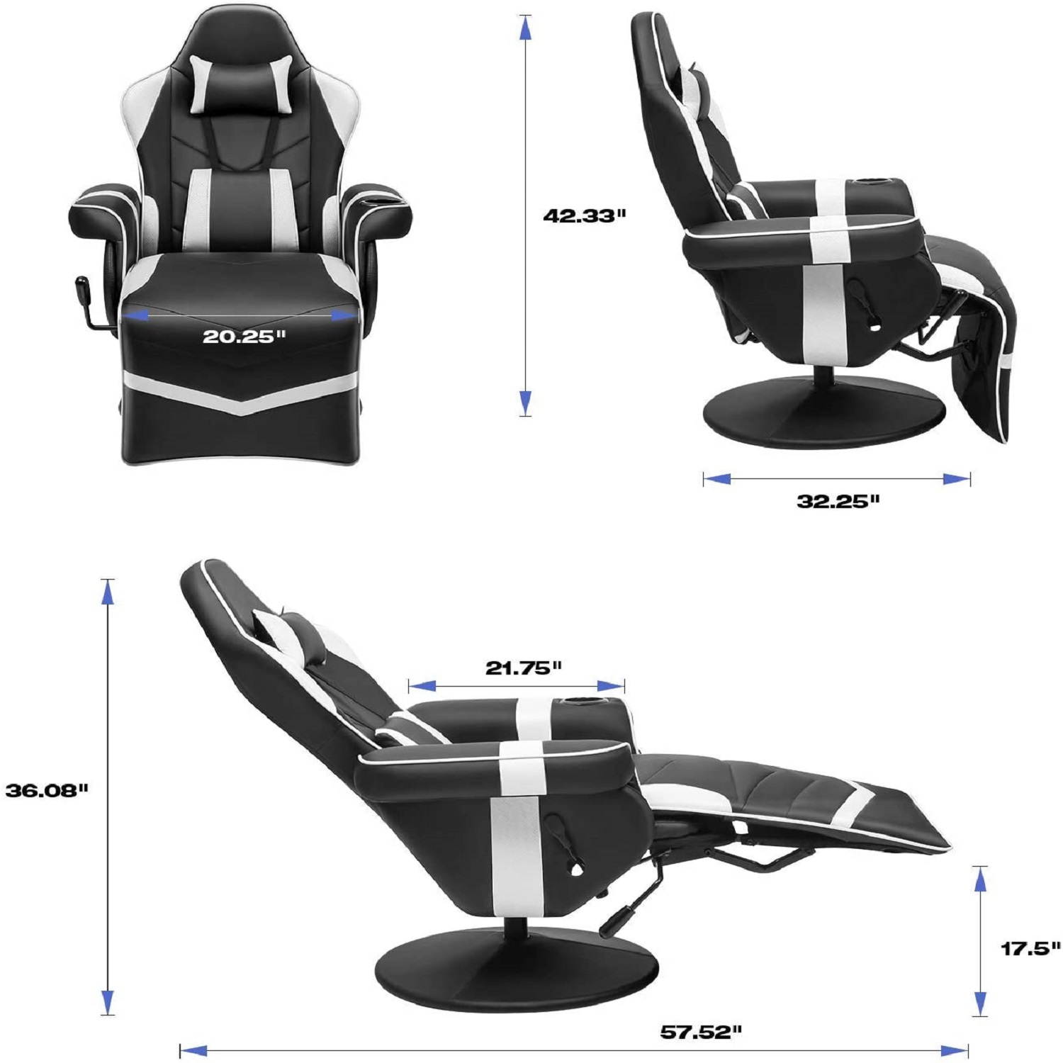 Homall Computer Racing Style PU Leather Ergonomic Adjusted Reclining Video Gaming Single Sofa Chair with Footrest Headrest and Lumbar Support (White)