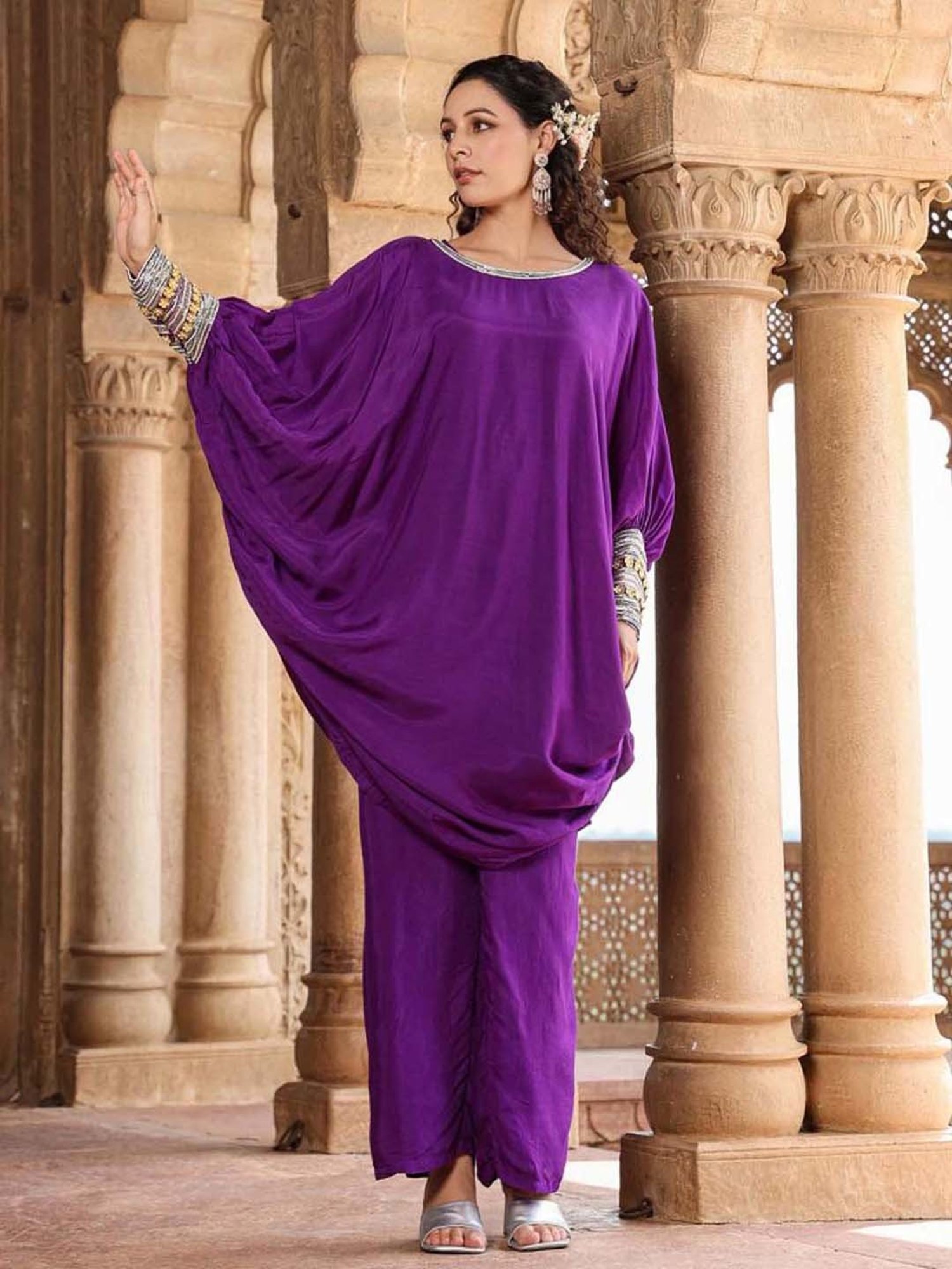 SCAKHI Purple Embellished Tunic Pant Set With Camisole