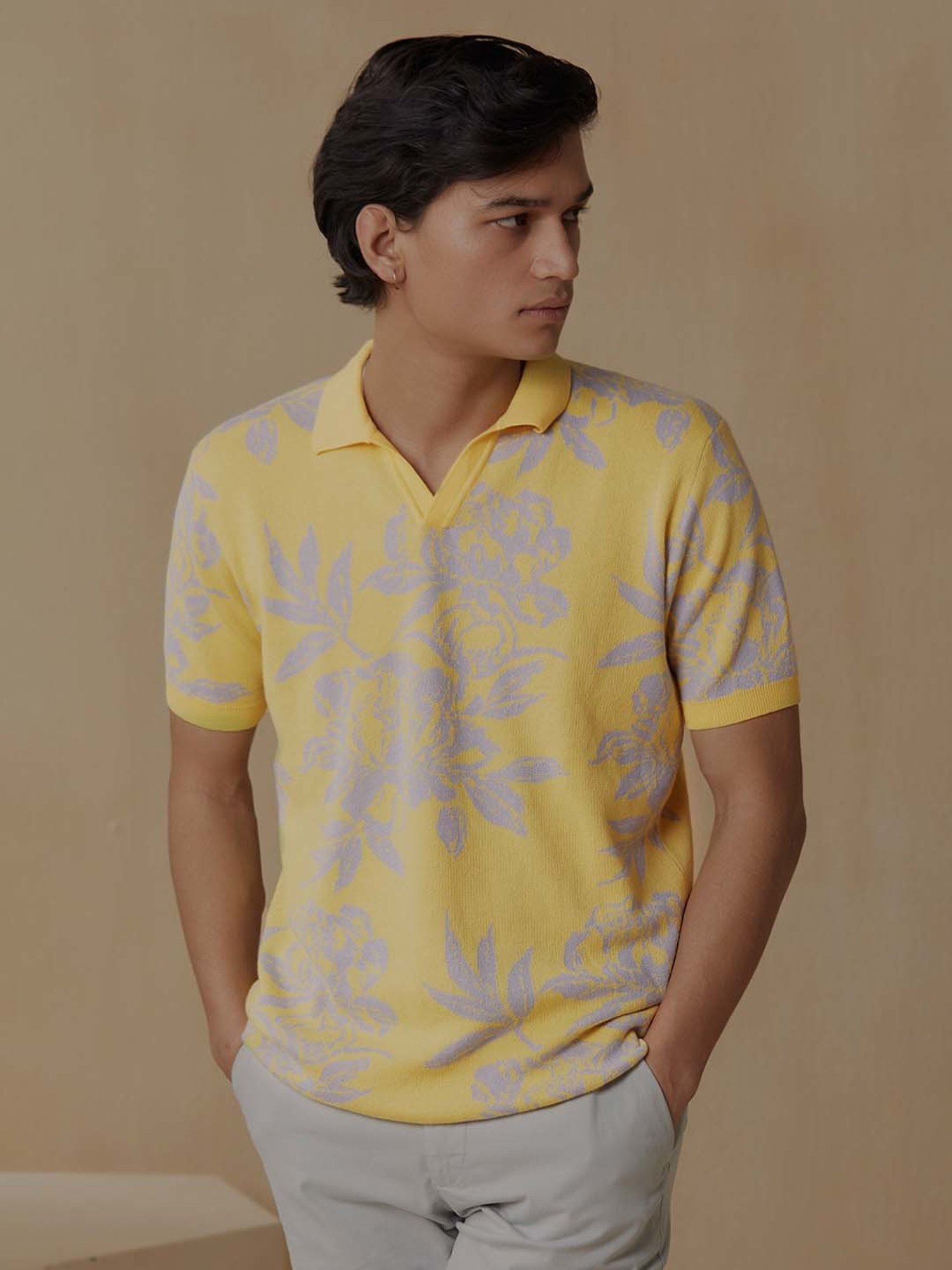 ANDAMEN Yellow Regular Fit Printed Cotton Polo T-Shirt