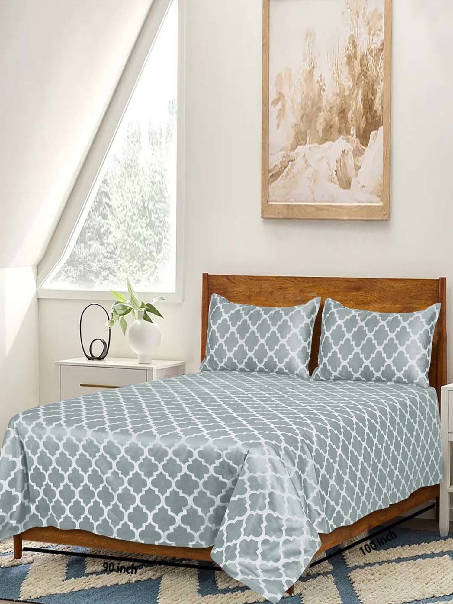 Saral Home Easy Living Grey Cotton Tangier Soft Self Pattern Queen Bed Sheet With Pillow Covers