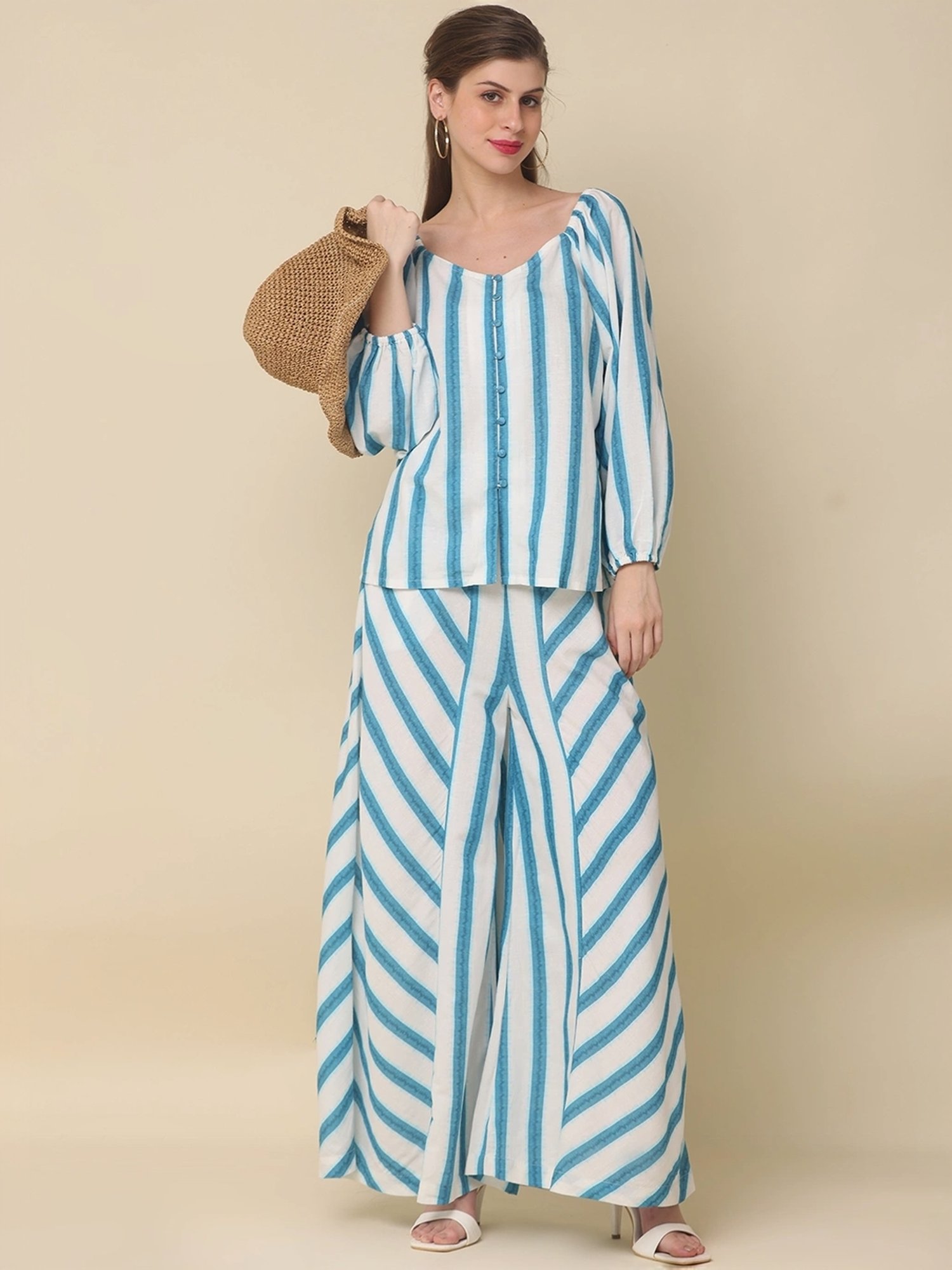 Zolo Label Blue & White Cotton Striped Top Palazzo Set