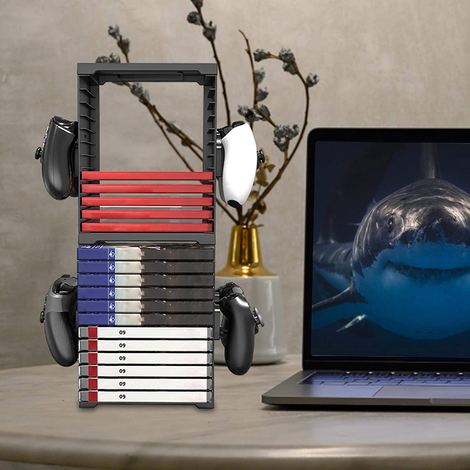 Supicity Games Storage Tower for PS5, Double-Layer Game Card Box Storage Stand for PS4 / PS5 / Xbox One / Xbox One X, Game Disk Rack Controller Organizer/Headset Stand Holder, Hold Up to 24 Disks