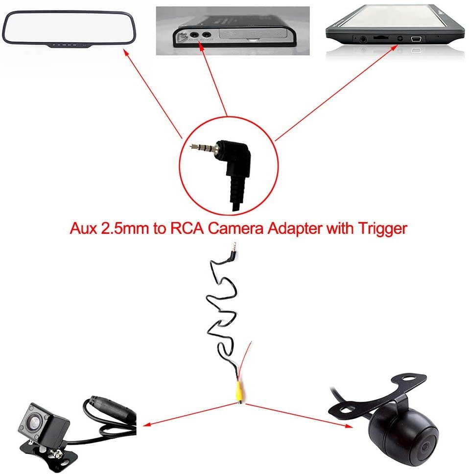 Aux 2.5mm to RCA Female Cable with Trigger Car Aux AV-in Jack to RCA Adapter for GPS Tablet Dash Cam Car DVR Camcorder Reverse Backup Rear View Camera