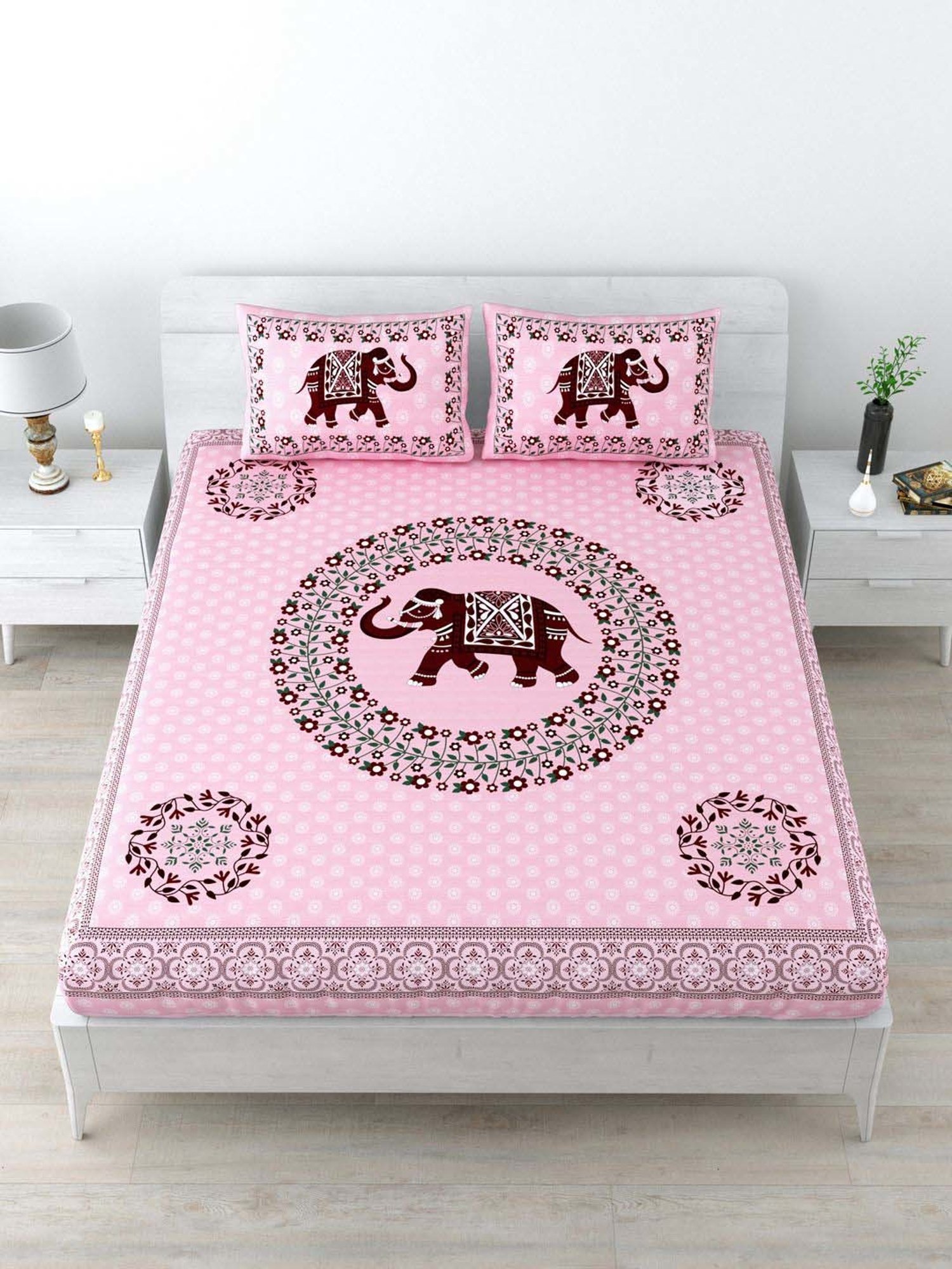 Living Roots Pink & Brown Cotton 180 TC Super King Bedsheet with 2 Pillow Covers