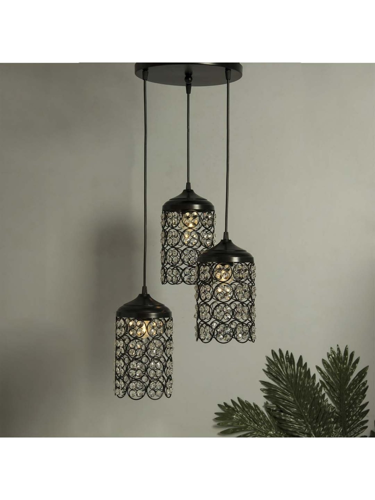 Homesake 3-Lights Round Cluster Black Metal Crystal Cylinder Pendant Light - Set of 1
