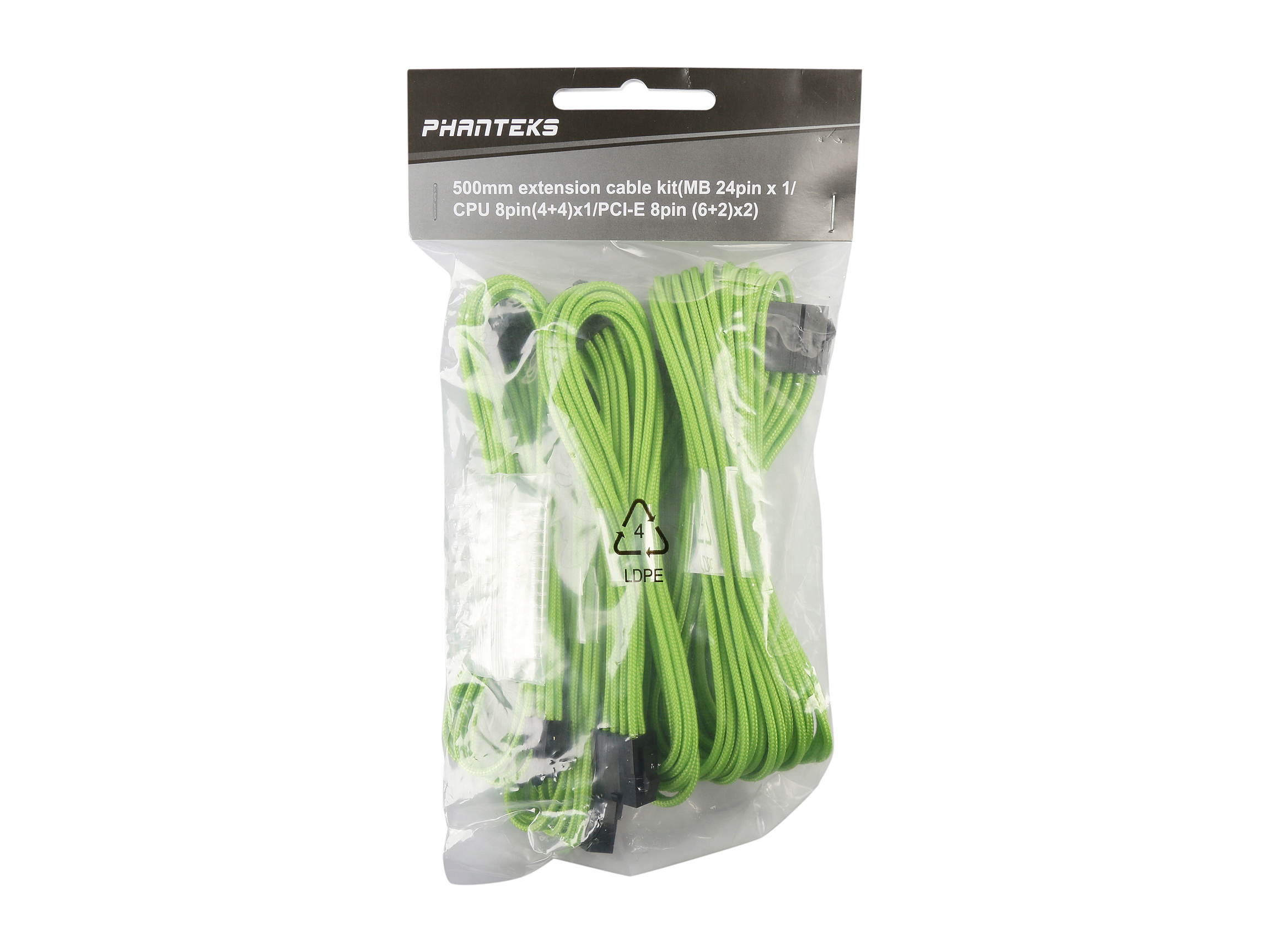 Phanteks PH-CB-CMBO_GR Universal Extension Cables Kit (PH-CB-CMBO) - 1x 24pin ATX, 1x 8pin (4+4) EPS, 2x 8pin (6+2) PCI-e Extension, 500mm Length, Individually Sleeved, Green Color