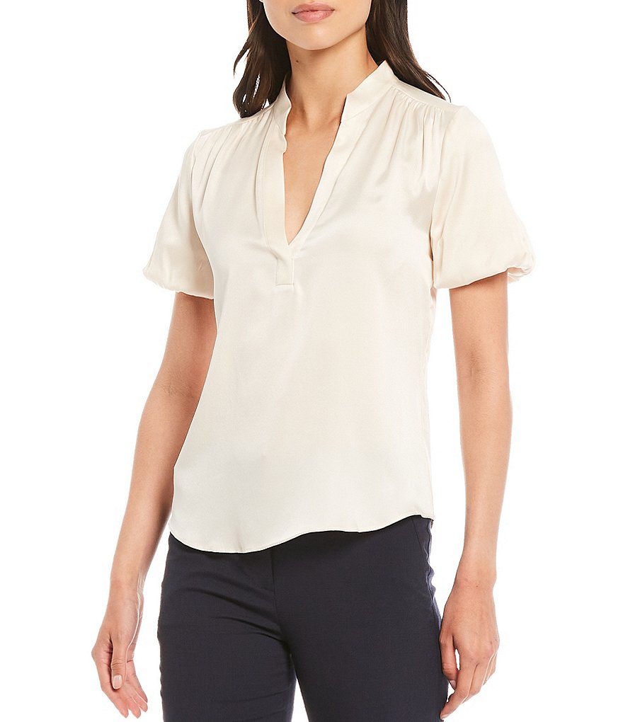 Antonio Melani Morgan Sandwashed Stretch Silk-Blend Short Puff Sleeve Mandarin Collar Neck Blouse