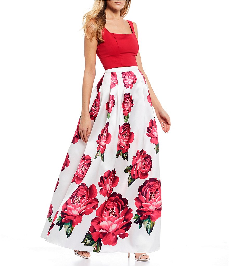 Sequin Hearts Square Neck Top with Floral Print Skirt Two-Piece Ball Gown