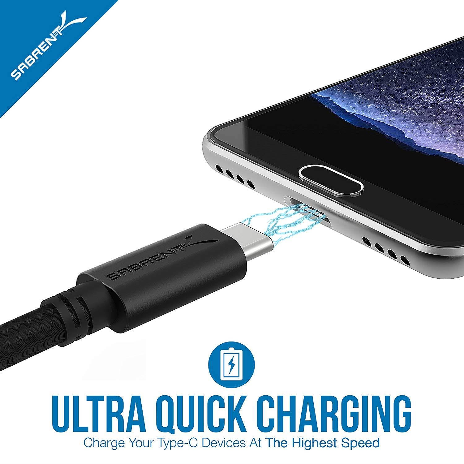 Sabrent [6-Pack] 22AWG Premium 6ft USB-C to USB A 2.0 Sync and Charge Cables [Black] (CB-C6X6)