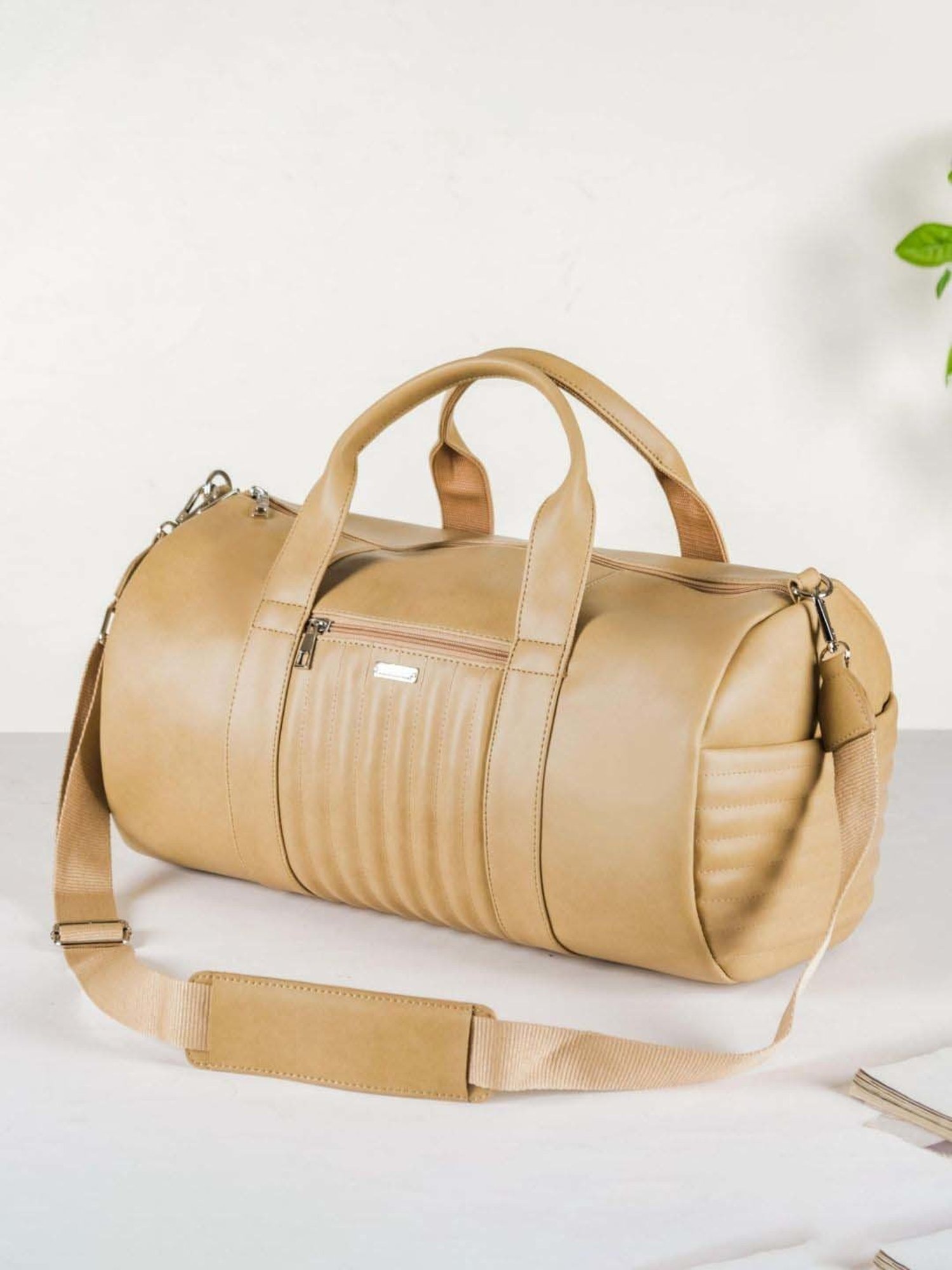 Nestasia Vegan Leather Large Size Beige Color Spacious Duffle Bag with Convenient Compartments
