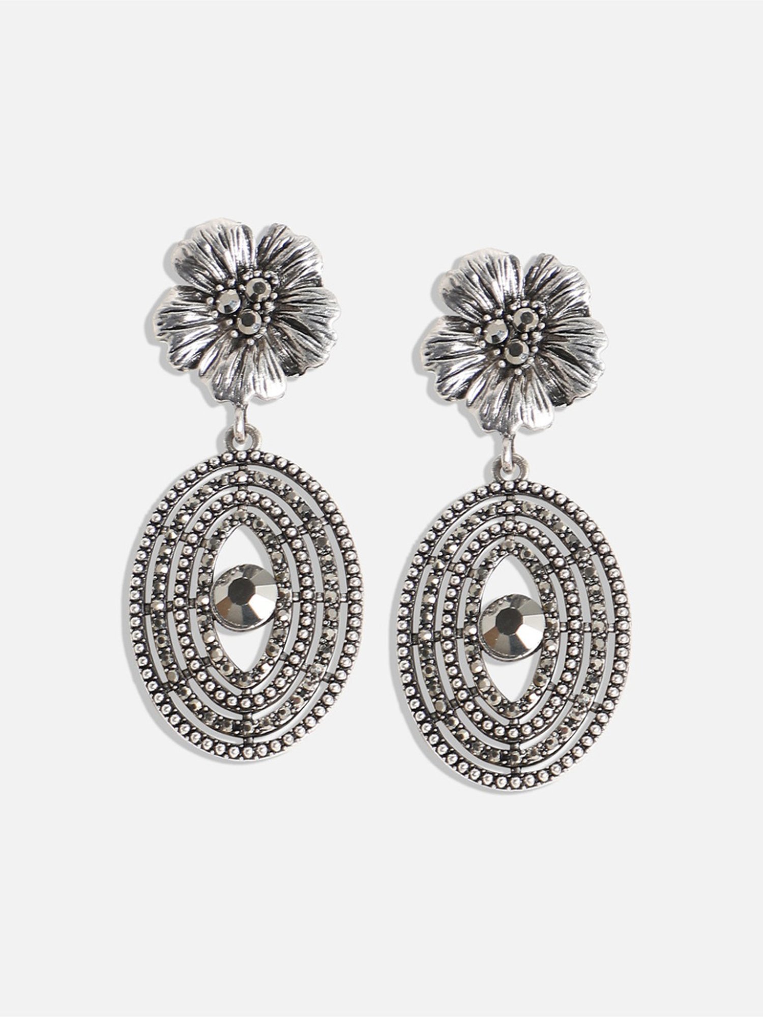 Sohi Circular Lined Daisy Silver Dangler Earrings for Women & Girls