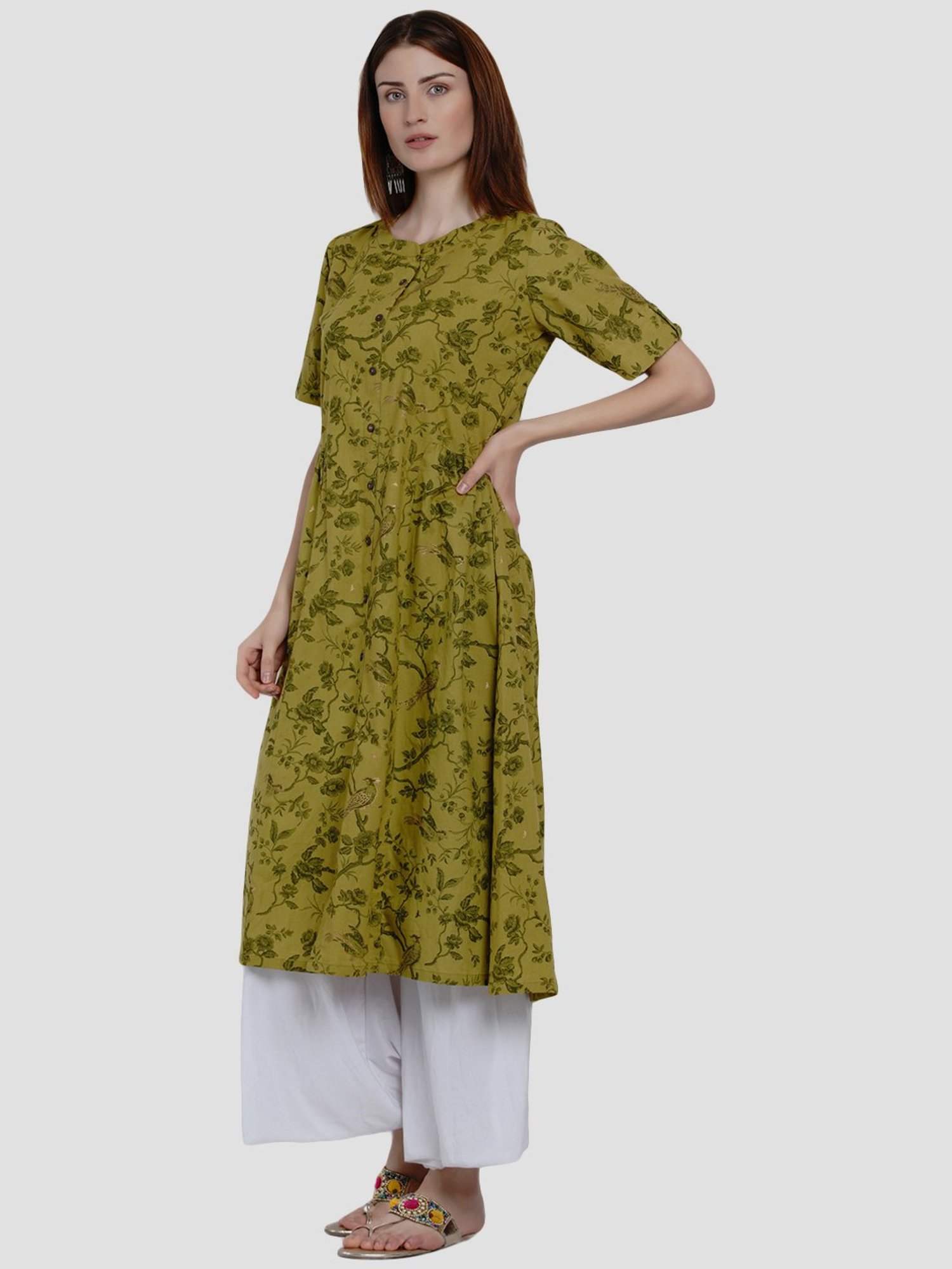 Women Republic Green Cotton Printed A Line Kurta