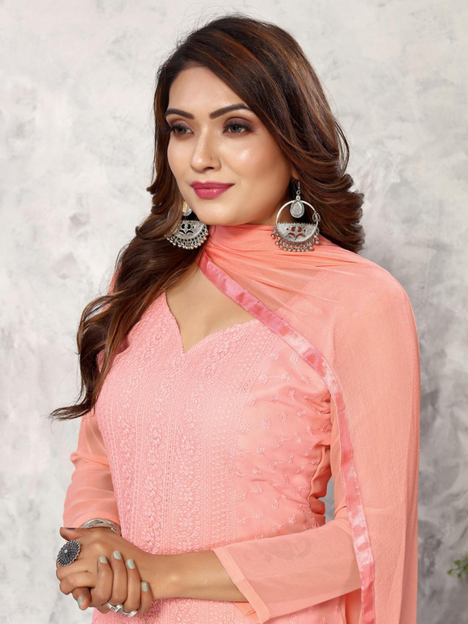 Skylee Peach Embroidered Kurta Pant Set With Dupatta