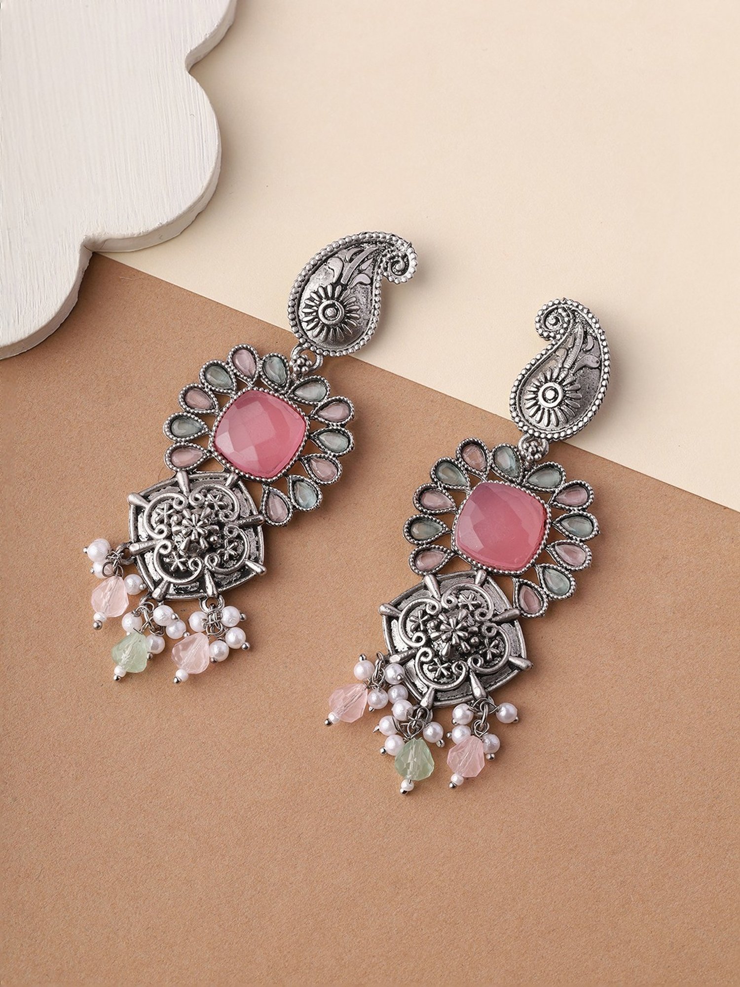 Priyaasi Mango Shaped Tribal Pink Stoned Dangler Earrings