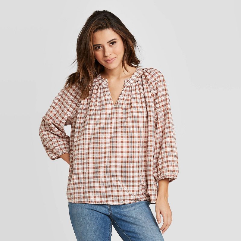 Women's Plaid Long Sleeve V-Neck Shirt - Universal Thread™ Tan XL