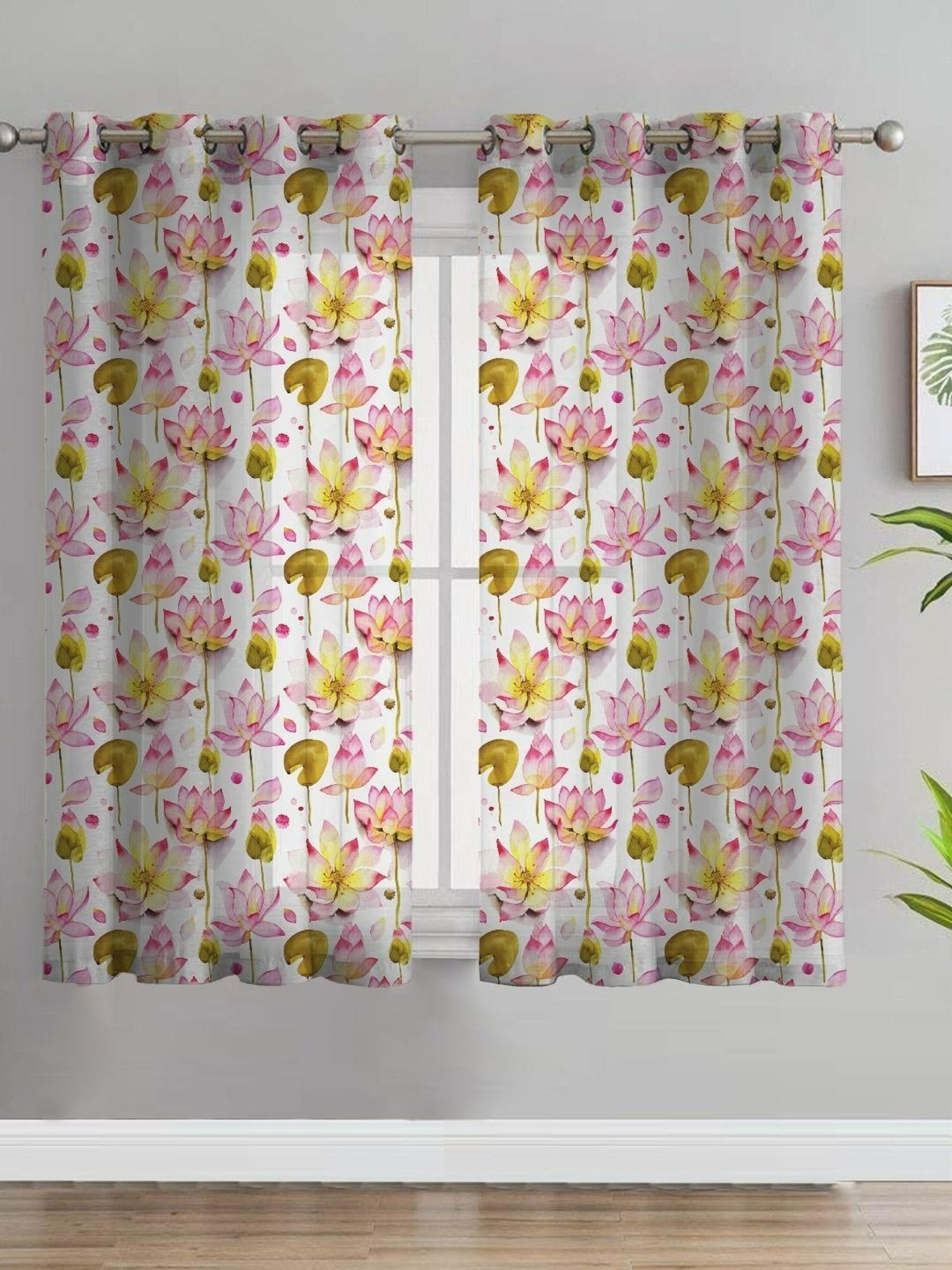 SPACES DRAPE STORY Elegent Floral Mustard Yellow & Pink Polyester 5 ft Window Curtains - Set of 2