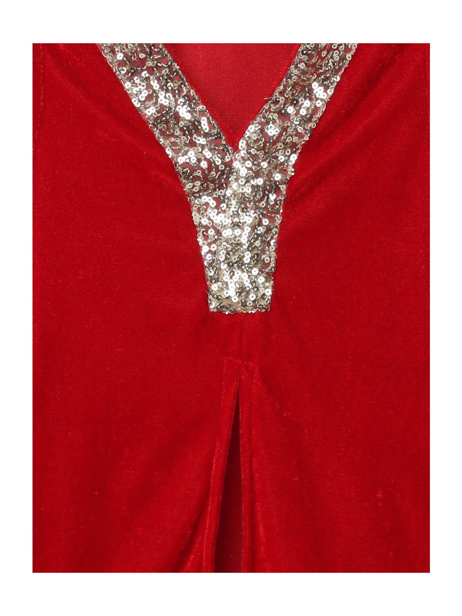 Many Frocks Kids Red Embellished Kurti with Pyjamas and Dupatta