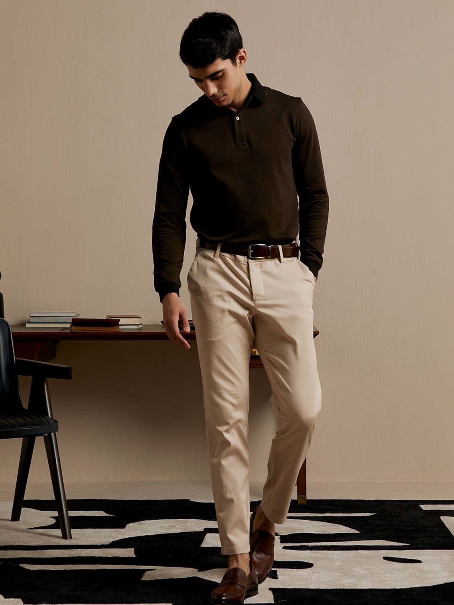 ANDAMEN Brown Regular Fit Self Design Polo T-Shirt