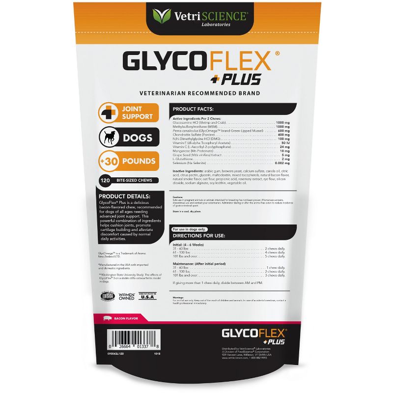 Vetriscience Laboratories GlycoFlex Plus Joint Support Bite-Sized Bacon Flavor Dog Chews, 120 ct