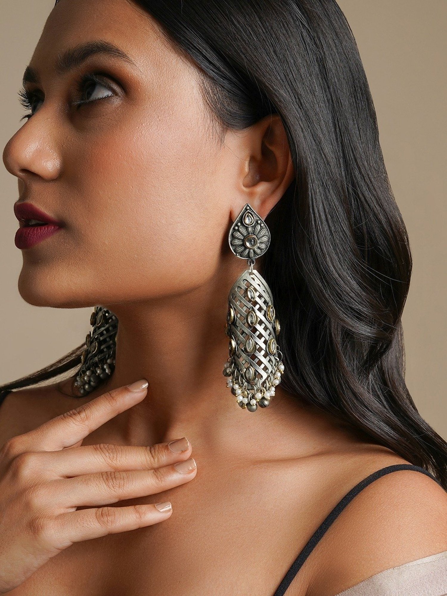 Teejh Ethnic Aaravi Peacock Silver-Gold Dangler Earring