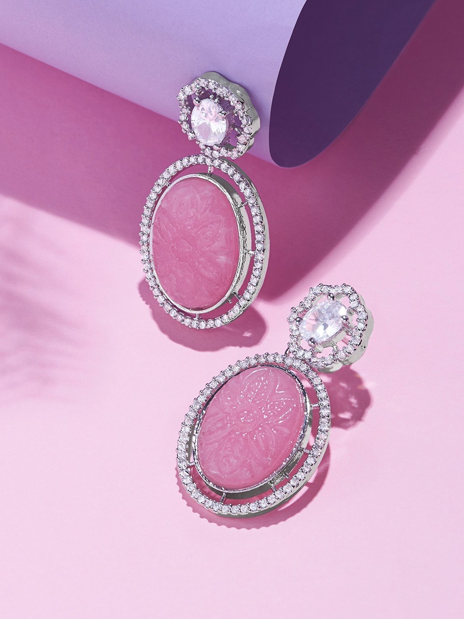 Zaveri Pearls Pink Stone Cubic Zirconia Embellished Brass Contemporary Drop Earring-ZPFK15824