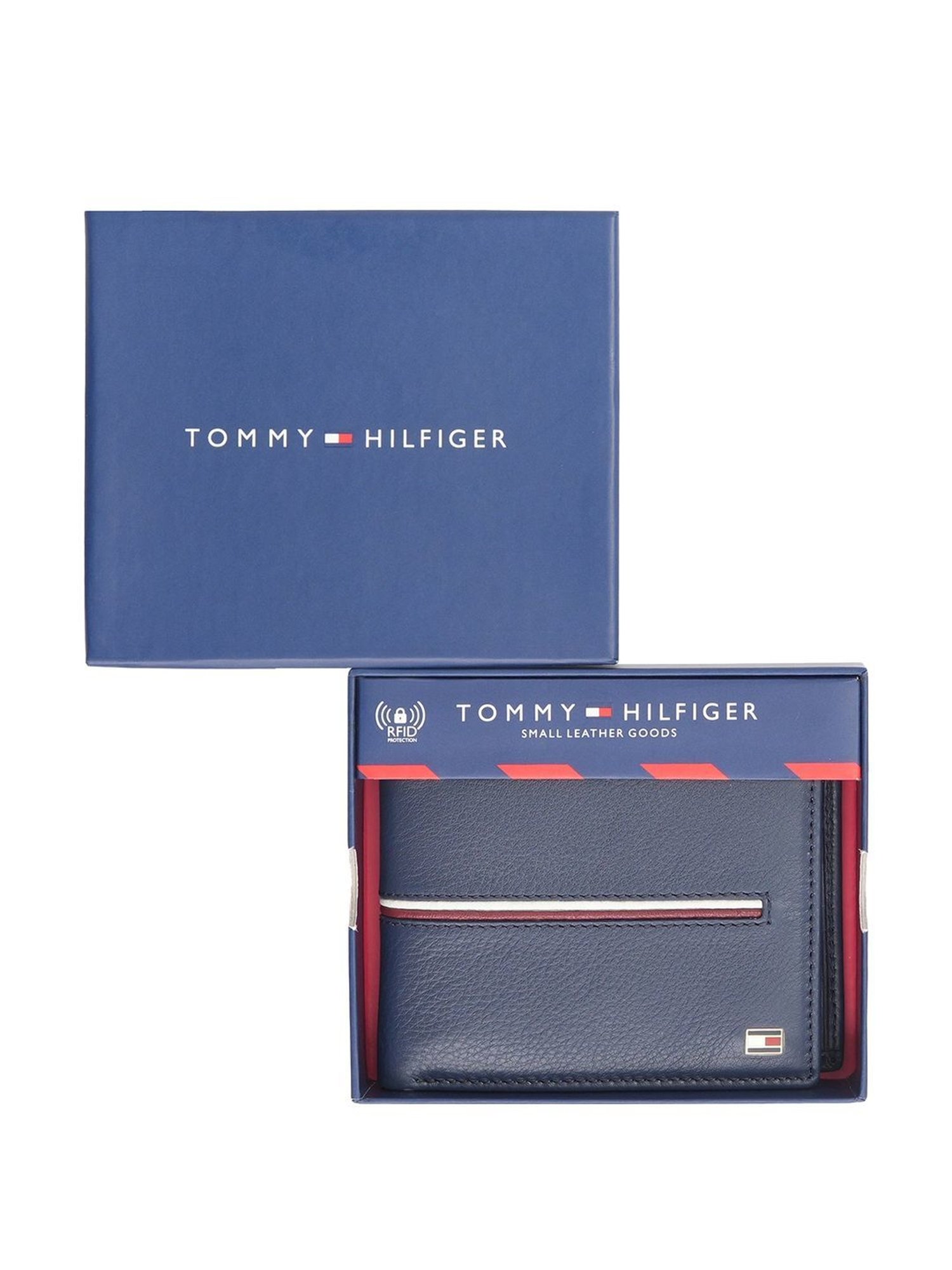 TOMMY HILFIGER Glasgow Navy Leather Striped Bi-Fold Wallet for Men