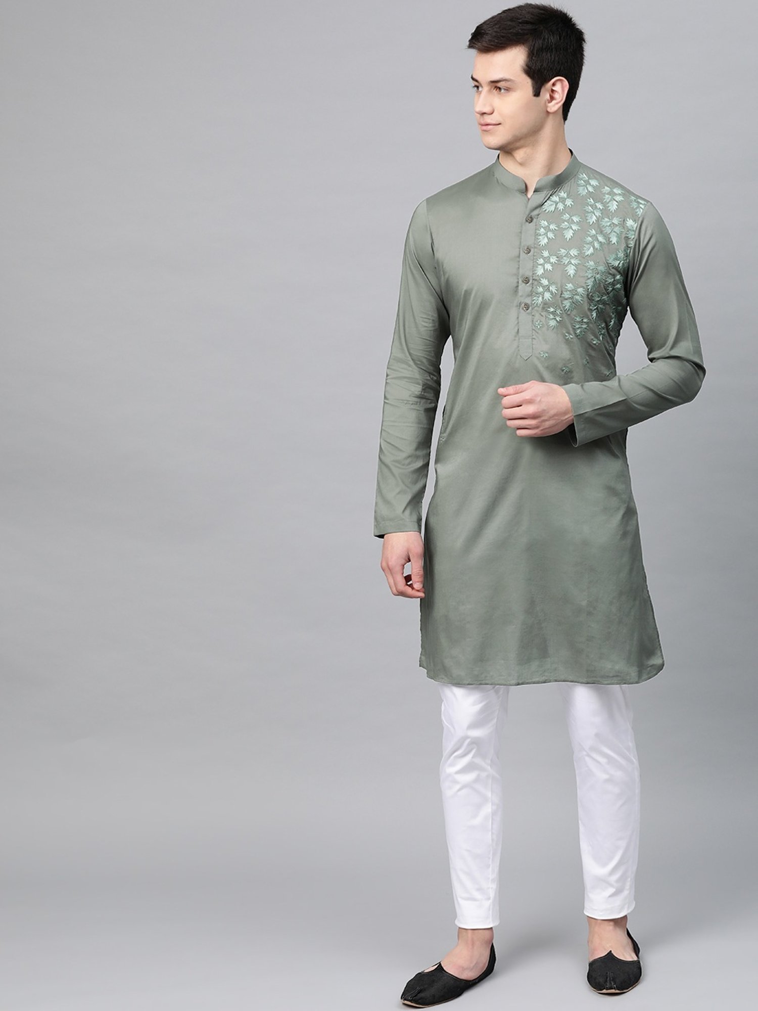 See Designs Olive & White Cotton Regular Fit Embroidered Kurta Bottom Set
