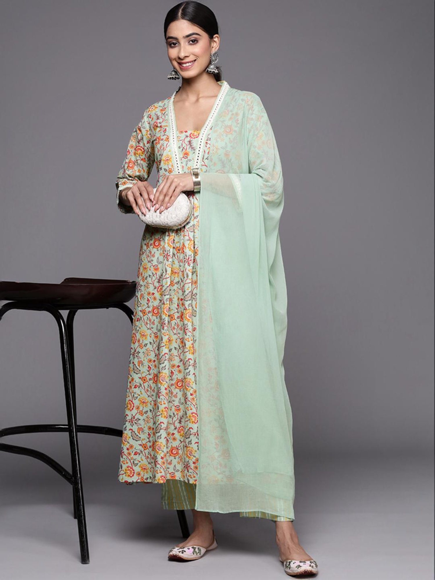 Varanga Sea Green Floral Print Kurta Pant Set With Dupatta