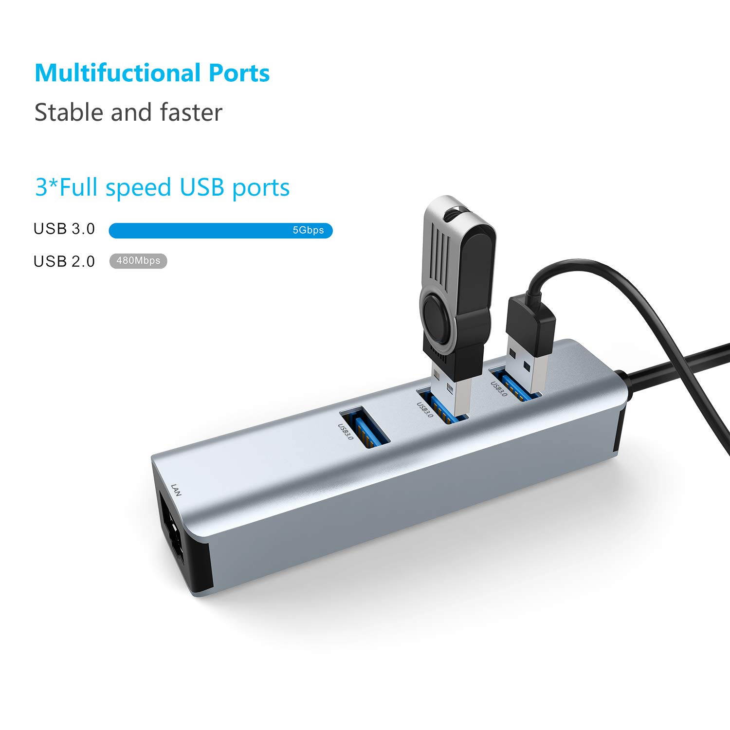 USB C to Ethernet Adapter, Hannord 4-in-1 Aluminum USB C Adapter with Ethernet Port, 3 USB 3.0 Ports, for MacBook Pro 2019/2018/2017, Chromebook, Linux, and More Type C Devices