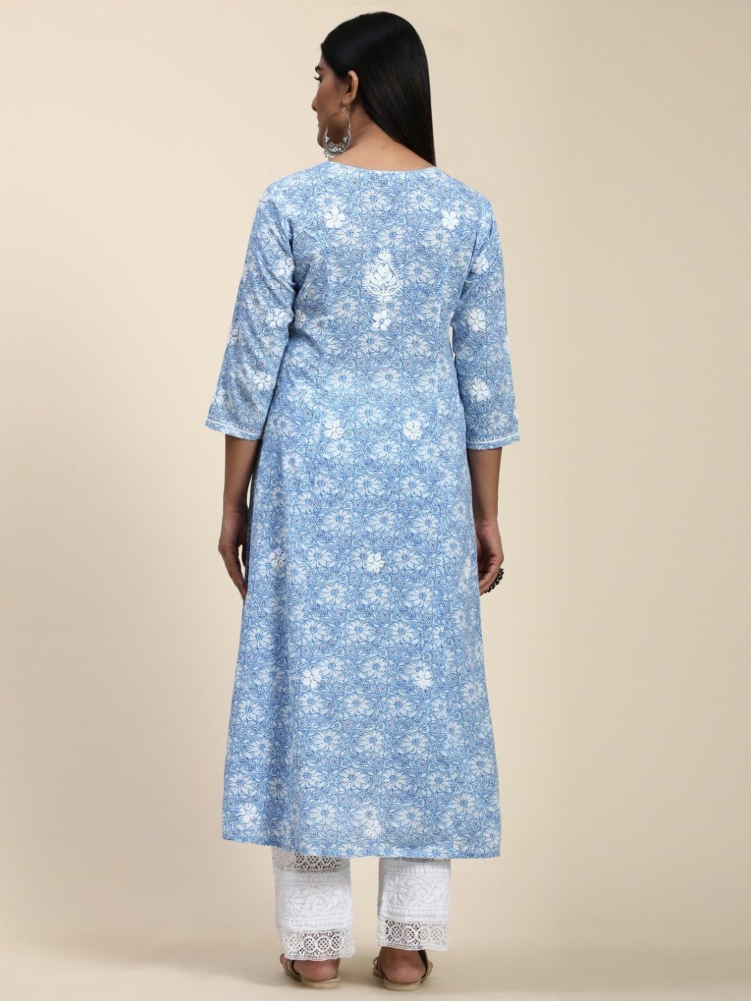 House Of Kari HOK Hand Embroidery Chikankari Long Kurti for Women -Printed Blue