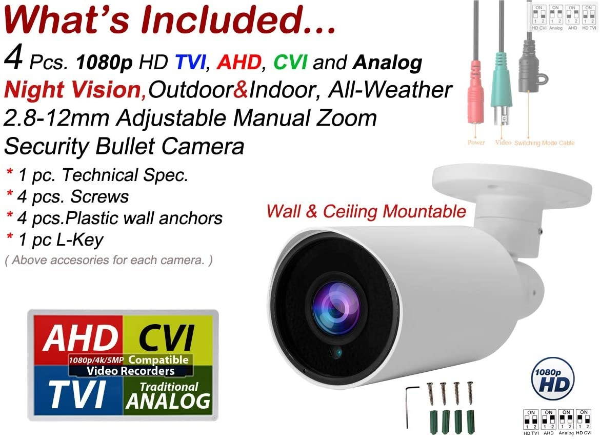 Evertech High Resolution 1080p Bullet Camera 4IN1 AHD TVI CVI and Analog 114ft Night Vision Indoor Outdoor Weatherproof 2.8-12mm Manual Zoom Lens Security Surveillance Camera (Pack of 4)