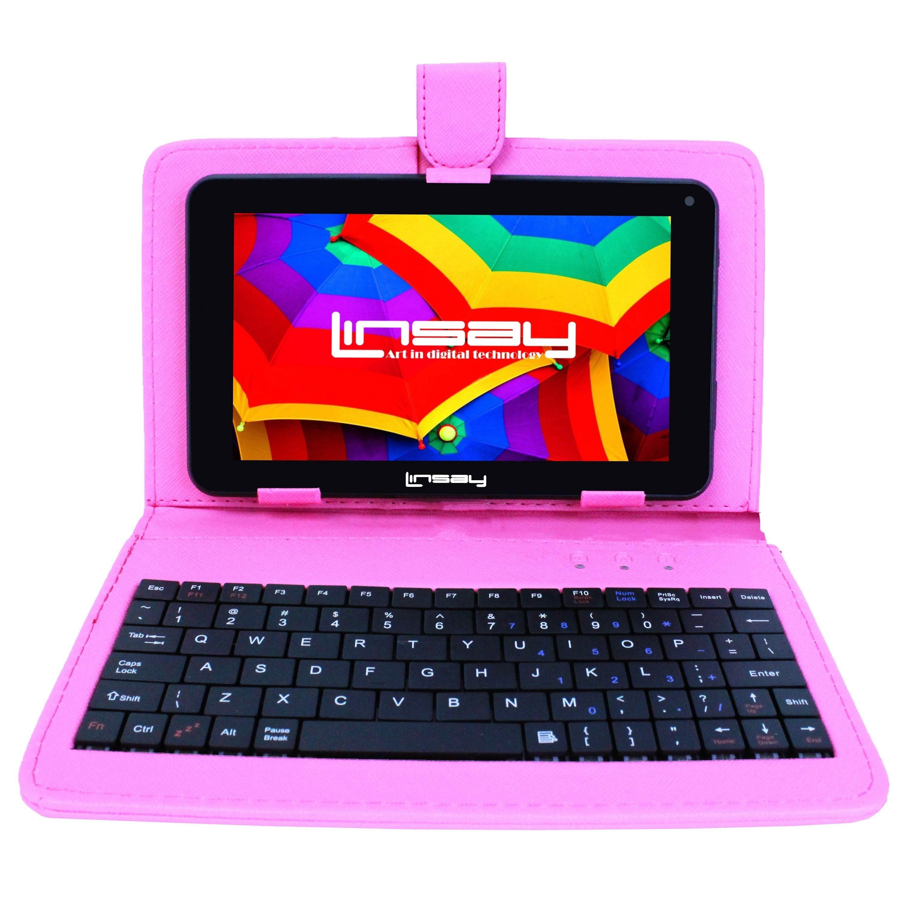 LINSAY&reg; 7" 1024x600 HD Quad Core Dual Camera 2GB ram 16GB Android 10 Tablet with Pink Keyboard Case