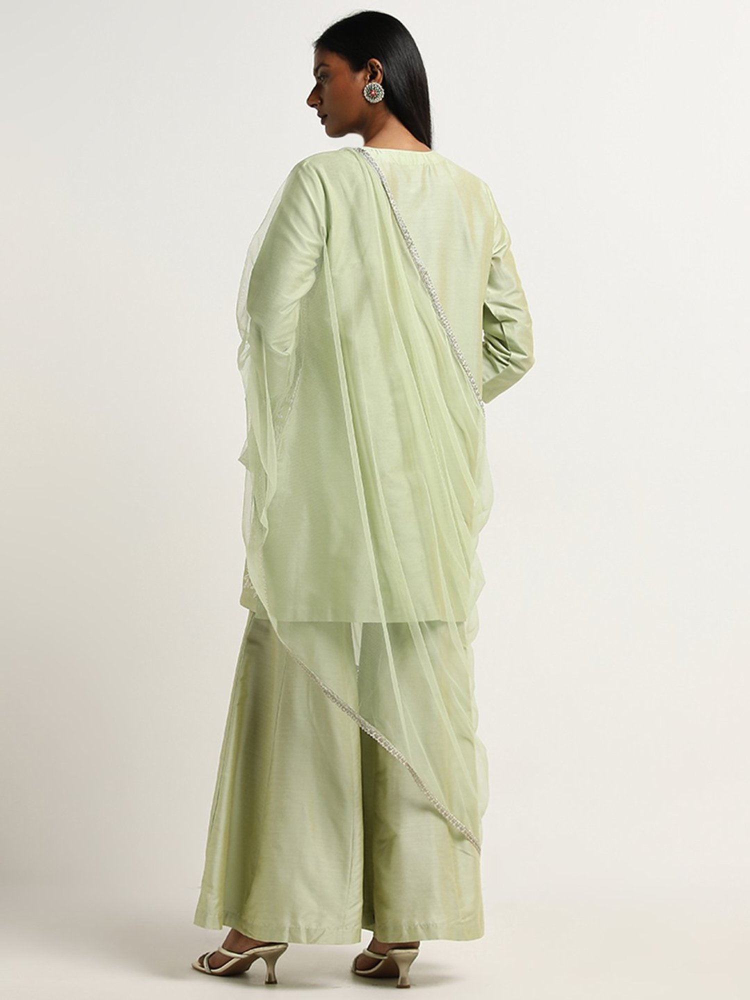 Vark by Westside Light Green Embroidered Kurti, Palazzos & Dupatta Set