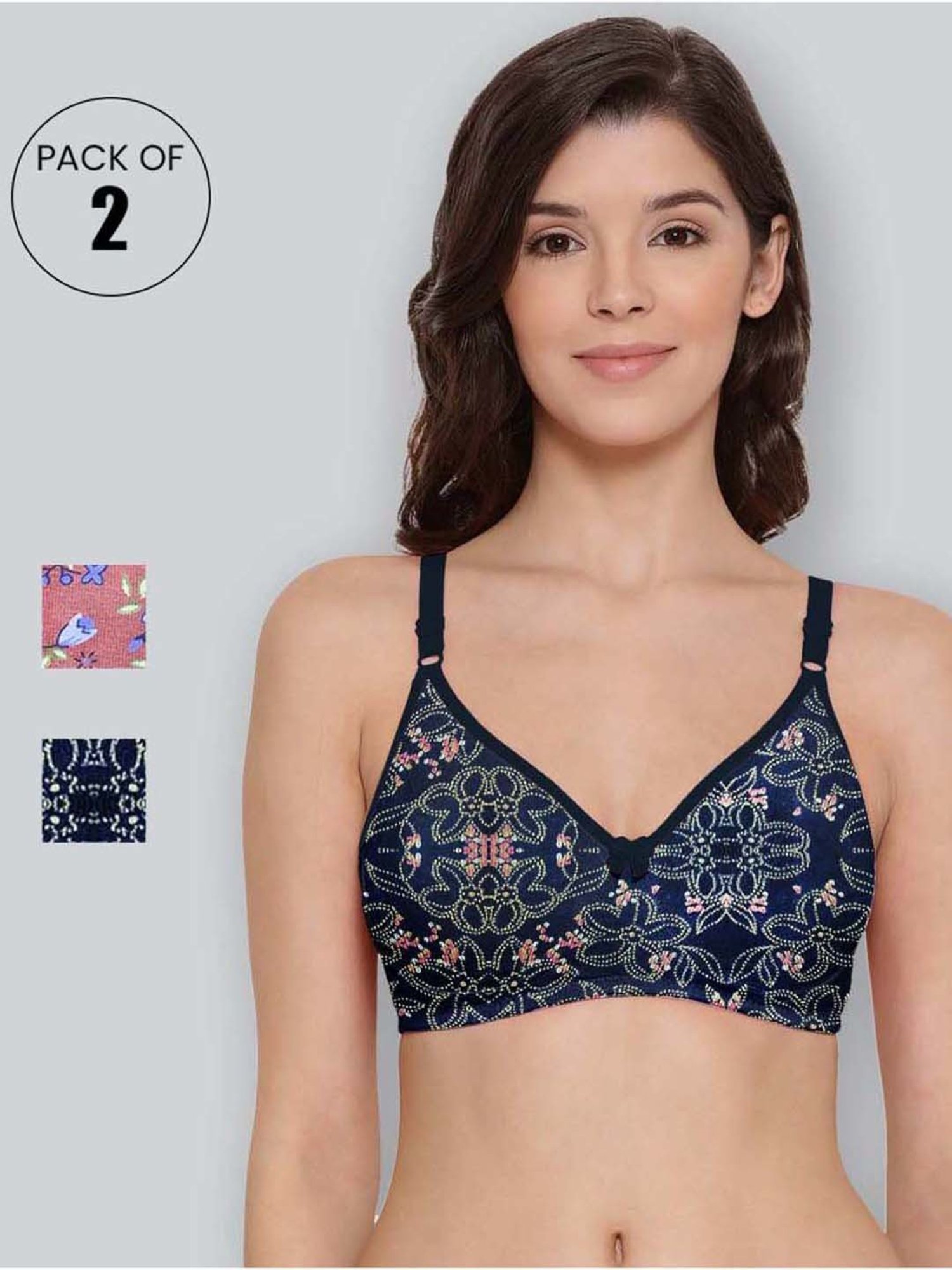 Lyra Navy & Peach Cotton Printed T-Shirt Bras - Pack Of 2