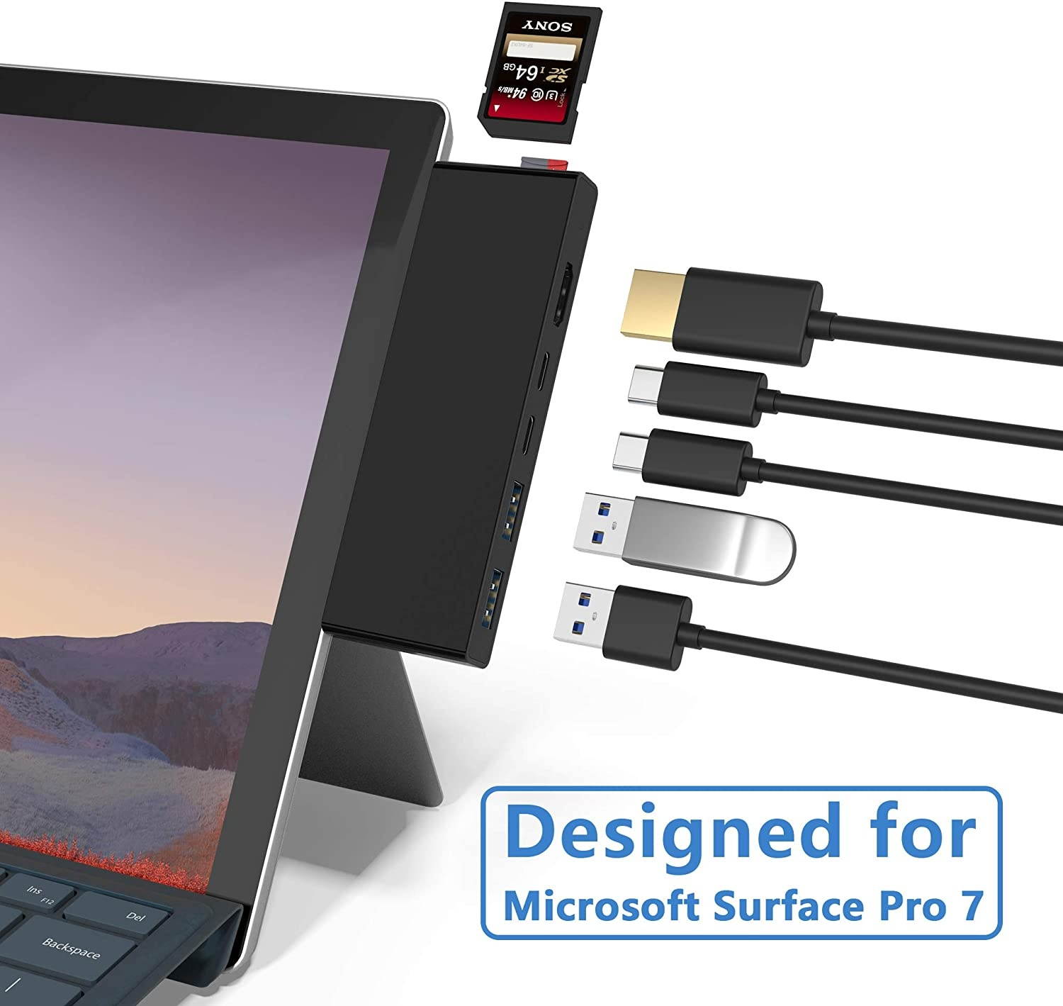 Surface Pro 7 Hub Docking Station with 4K HDMI Adapter+USB C PD 60W Charging port+ USB C 5Gbps Data Port +2 Port USB 3.0+SD/TF(Micro SD) Card Reader Converter Combo Adaptor for Microsoft Surface Pro 7