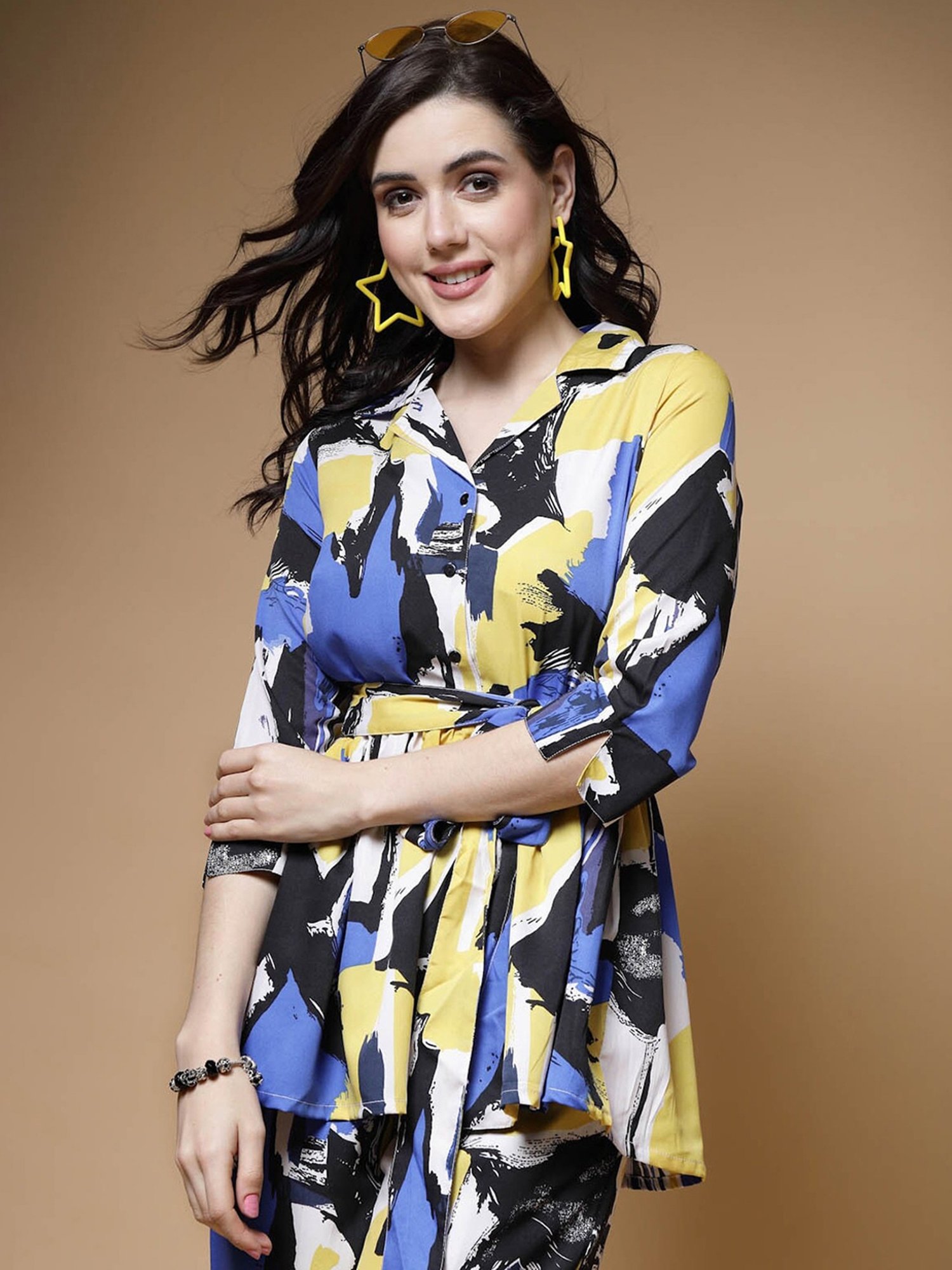 Melon by PlusS Multicolored Printed Shirt Pant Set With Waist Belt