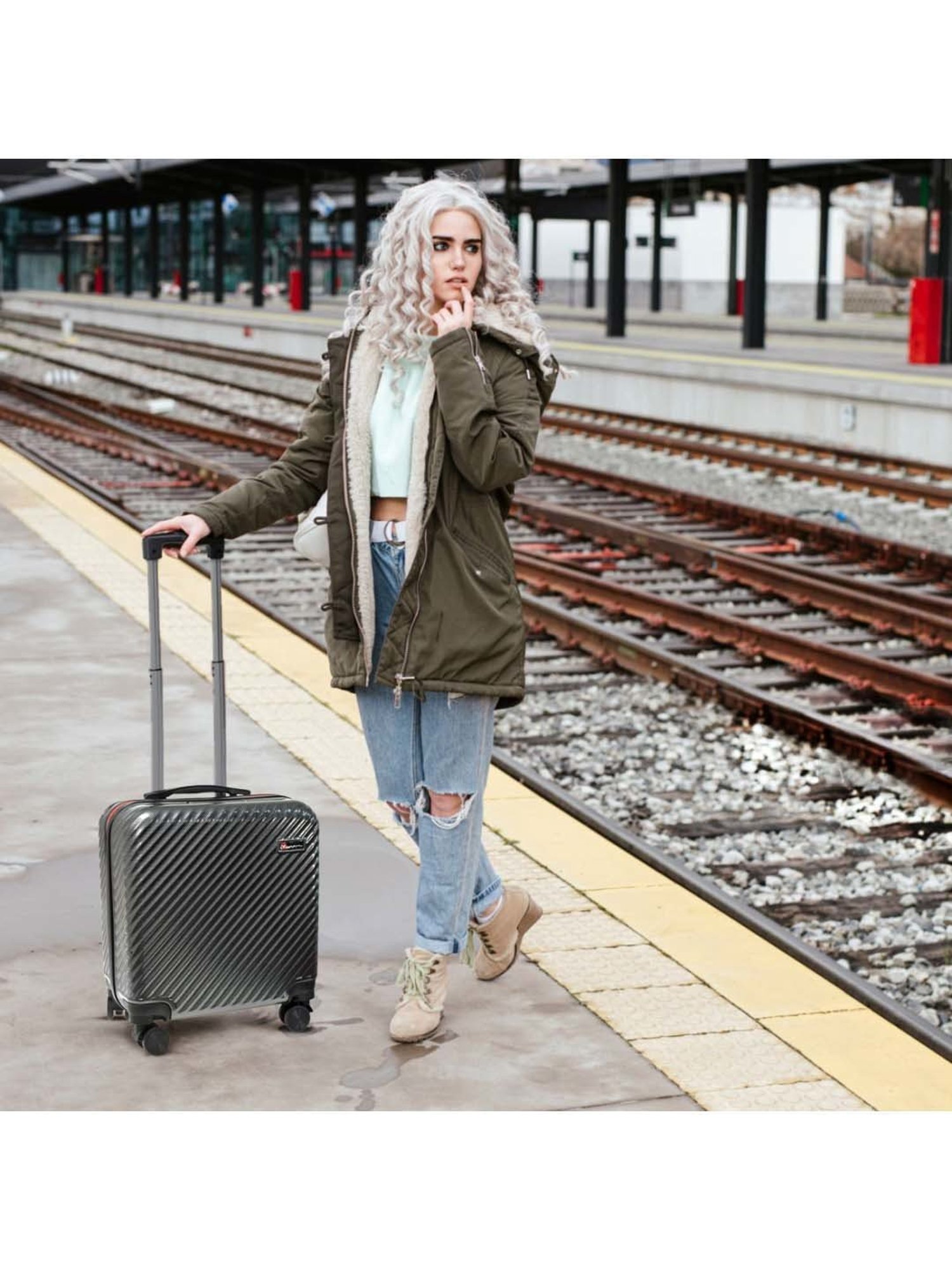 Swiss Military Carbon Grey Striped Hard Overnighter Laptop Trolley Bag - 38 cm