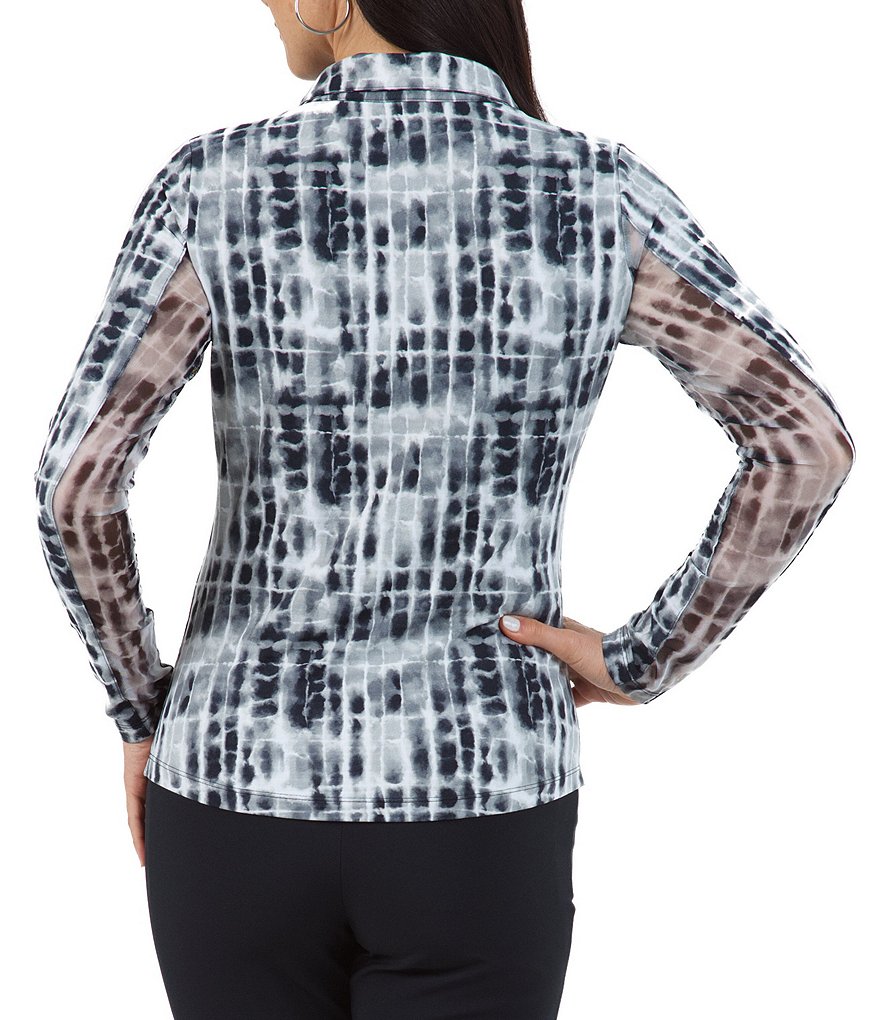 IBKUL Rue Print Long Sleeve Point Collar Neck Active Polo Top