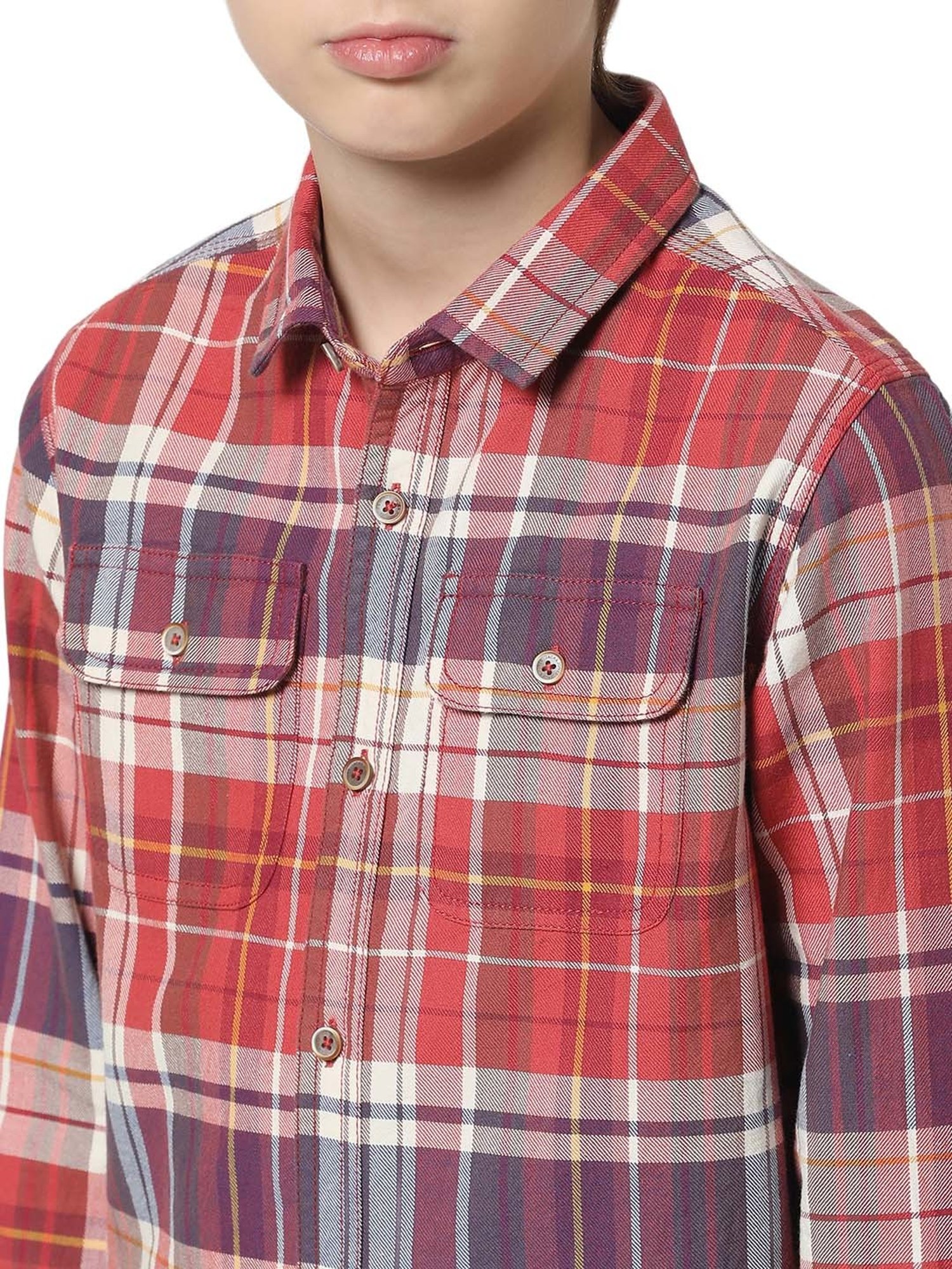 Jack & Jones Junior Red & Lilac Cotton Chequered Full Sleeves Shirt