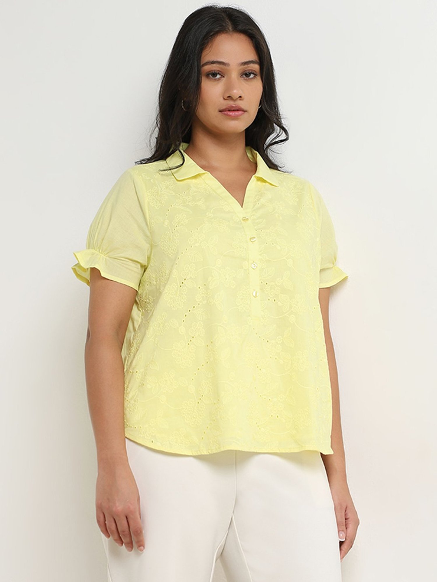 Gia by Westside Yellow Floral Embroidered Cotton Blouse