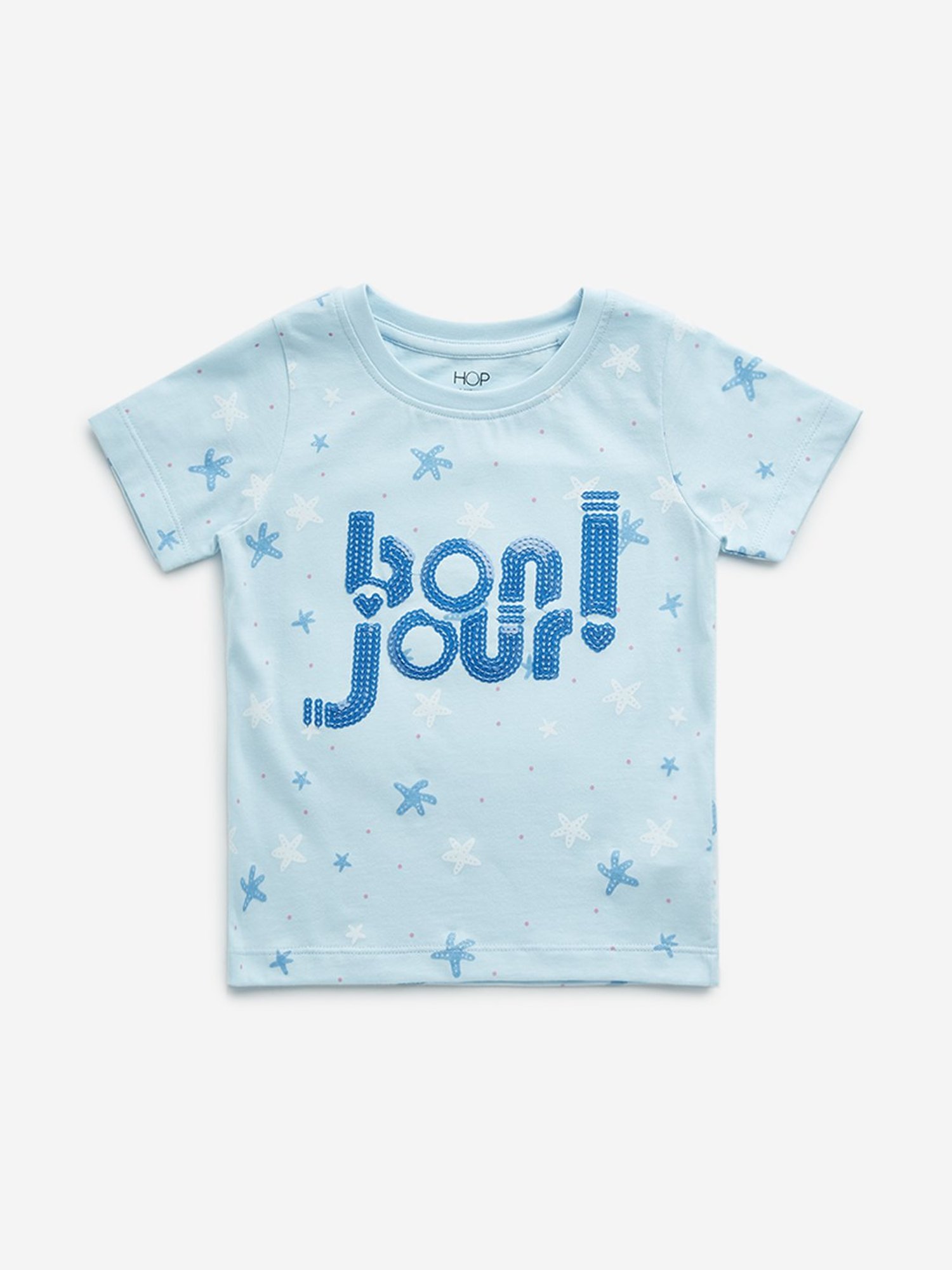 HOP Kids by Westside Blue Embellished Text Design Cotton T-Shirt