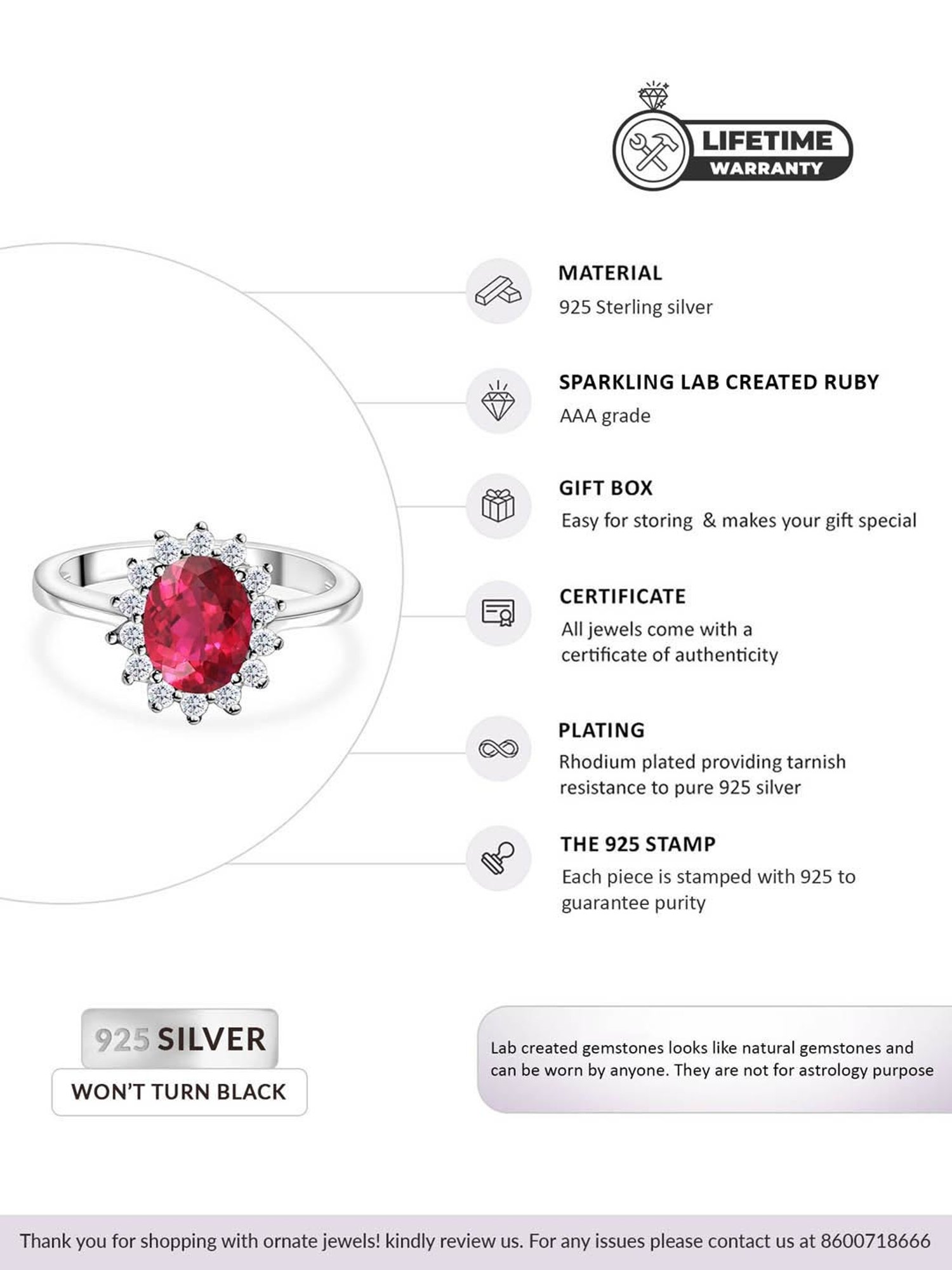 Ornate Jewels 925 Silver 1.5 Carat Red Ruby Halo Ring for Women & Girls