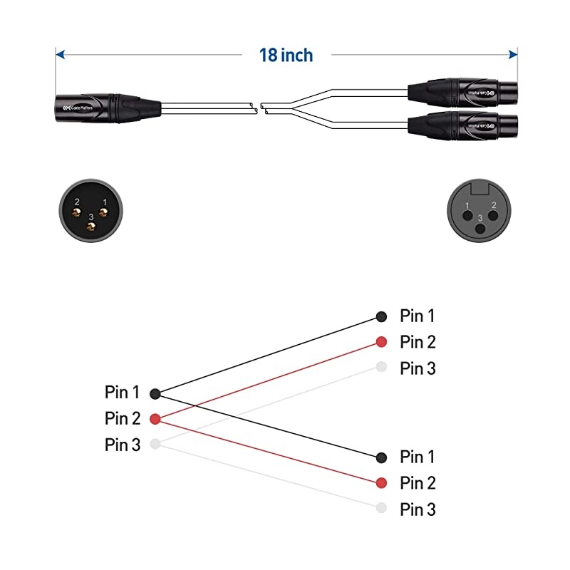 XLR Splitter Male to 2 Female XLR Y 18 Inches