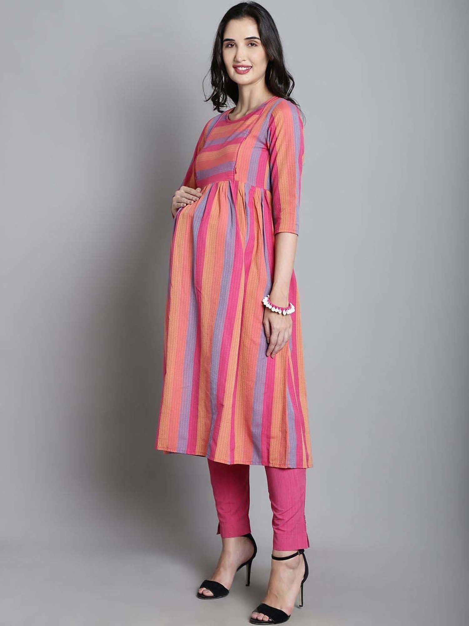 Moms Maternity Pink Cotton Striped Maternity Kurta Pants Set