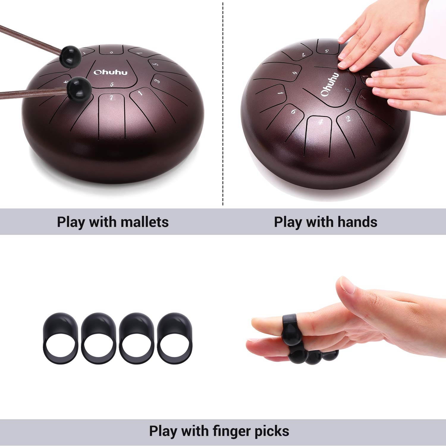 Ohuhu Steel Tongue Drum 10 Inch 11 Notes D Major for Kids and Adults with Rubber Mallets, Finger Picks and Padded Travel Bag