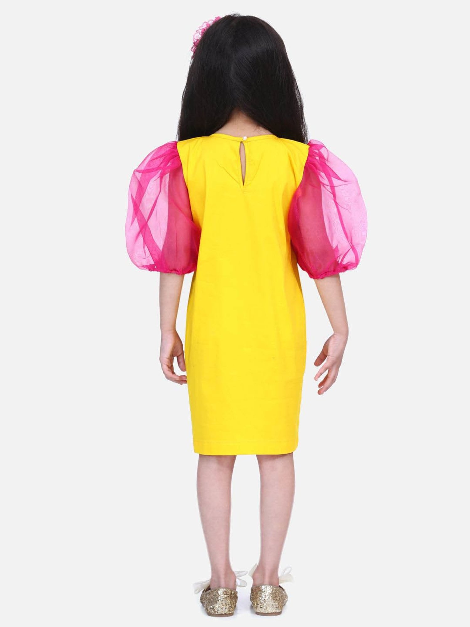 LilPicks Kids Yellow & Pink Cotton Embelished Dress