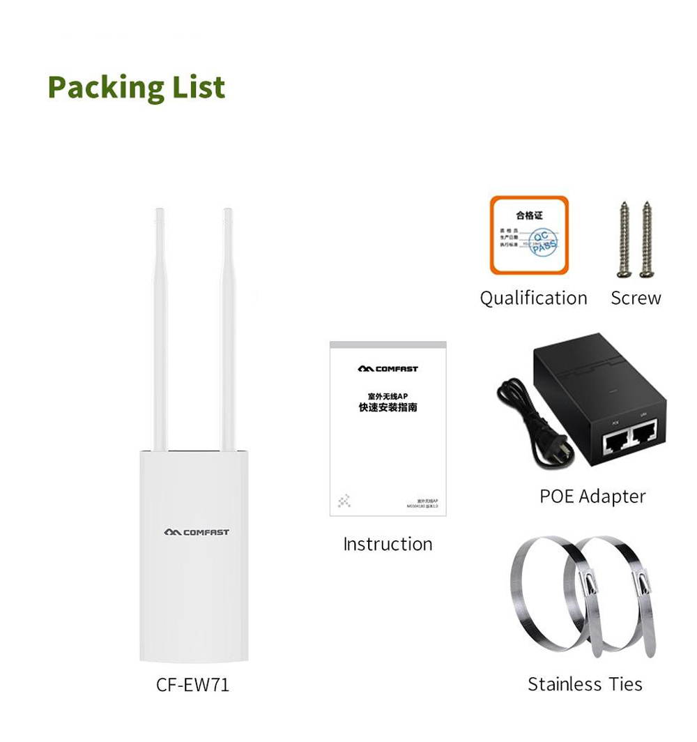 300Mbps High Power Outdoor Wireless Access Point, 2.4GHz 300Mbps Dual 5dbi External Antenna POE, sed for Outdoor WiFi Coverage